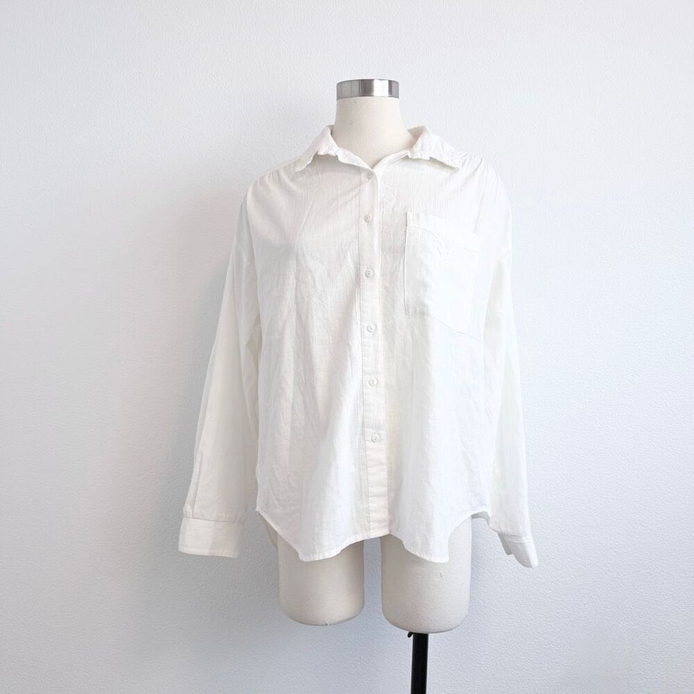 Vintage Cabrais White Lace Embroidery Blouse Large Button Down Shirt Floral